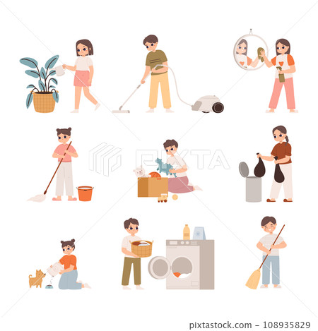 Kids cleaning at home, vacuuming and washing. Little girl cares dog, boy collect toys in box and sweep with broom. Snugly cartoon vector characters 108935829