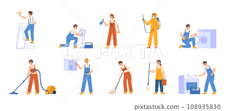 Cartoon repairman characters. Electrician, plumber and disinfector, cleaning service staff workers. Female male characters snugly vector set 108935830