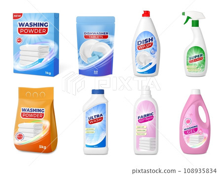 Realistic isolated product package. White detergents packs, plastic bottles and boxes. Spray bottle, washing powder bag pithy vector ads elements 108935834