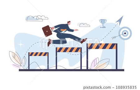 Running with obstacles to goal. Businessman jump over hurdles, run to success. Office worker overcoming barriers, problems difficulties. Kicky corporate vector concept 108935835