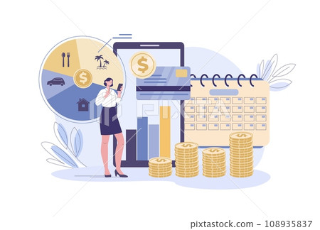 Personal budget planning. Female analysis finance, expenses and income. Girl save and invest money, thinking about life kicky vector concept Personal budget planning. Female analysis finance, expenses and income. Girl save and invest money, thinking about life kicky vector concept 108935837