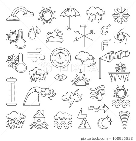Meteorology doodle set. Weather icons, clouds and raindrops, sun and snowflakes. Isolated seasonal forecast, windy and rainy neoteric vector symbols Meteorology doodle set. Weather icons, clouds and raindrops, sun and snowflakes. Isolated seasonal forecast, windy and rainy neoteric vector symbols 108935838