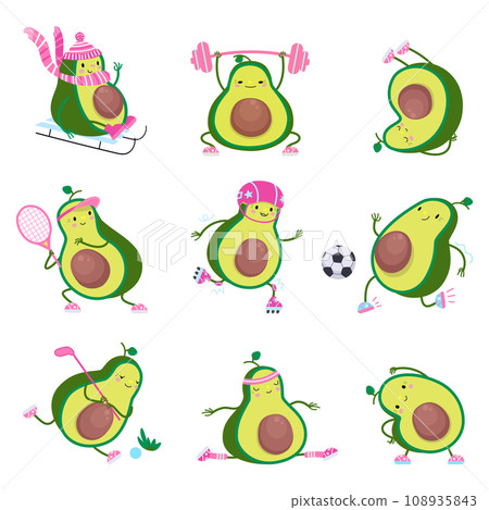 Cartoon avocado rest and training. Sport avocados characters, play tennis and football and doing yoga exercises. Healthy food nowaday vector set 108935843