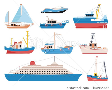 Cartoon flat boats and ships. Fishing and travel ship, trawlers and yachts. Sea or ocean adventures and transportation decent vector elements Cartoon flat boats and ships. Fishing and travel ship, trawlers and yachts. Sea or ocean adventures and transportation decent vector elements 108935846