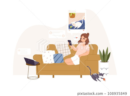 Young girl surfing internet and social media sitting at sofa. Digital addiction, remote conversation and online meeting. Modern rest vector scene 108935849