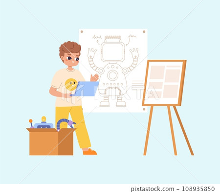 Boy programming and development robot. Robotics project in school or work shop. Student show his sketch of android. Projecting vector scene 108935850