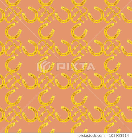 Watercolor seamless pattern with horseshoes. Illustrations with metal and natural texture in vintage style isolated on orange background Watercolor seamless pattern with horseshoes. Illustrations with metal and natural texture in vintage style isolated on orange background 108935914