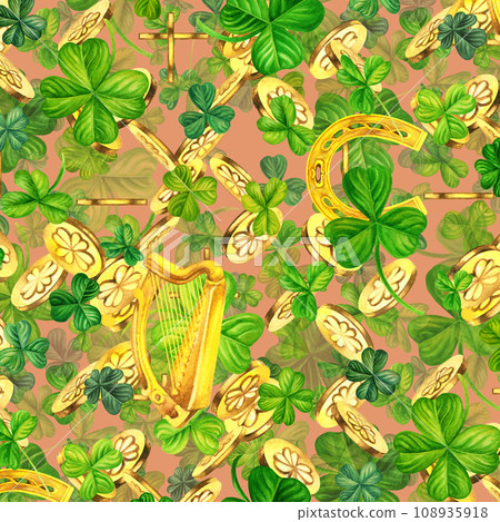 Watercolor seamless pattern with magic coins and trefoil and four-leaf clovers. Illustrations with metal and natural texture in vintage style isolated on white background Watercolor seamless pattern with magic coins and trefoil and four-leaf clovers. Illustrations with metal and natural texture in vintage style isolated on white background 108935918