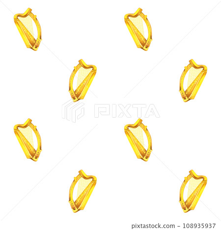 Watercolor seamless pattern with Irish harp. Illustrations with metal texture in vintage style isolated on white background 108935937
