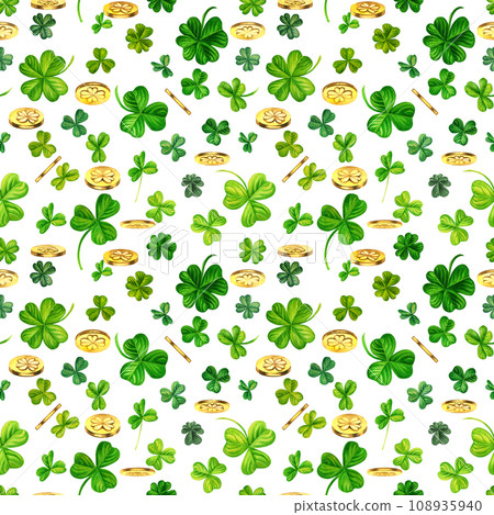 Watercolor seamless pattern with magic coins and trefoil and four-leaf clovers. Illustrations with metal and natural texture in vintage style isolated on white background 108935940