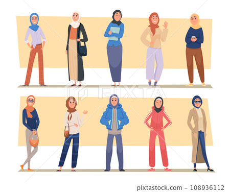 Arabic persons. Muslim woman in hijab female arab people in clothes exact vector illustrations Arabic persons. Muslim woman in hijab female arab people in clothes exact vector illustrations 108936112