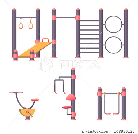 Workout equipment. Fitness in park outdoor gym machine exact vector tools for active lifestyle 108936123