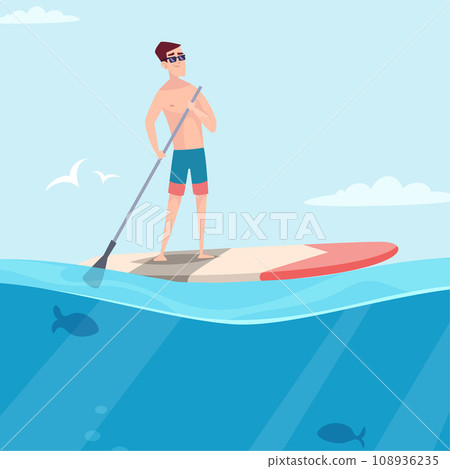 Man on surfboard. outdoor horizont illustration of sea landscape with man surfing Man on surfboard. outdoor horizont illustration of sea landscape with man surfing 108936235
