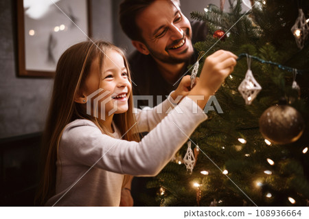 Happy father and daughter decorating Christmas tree at home interior. Generative AI. 108936664