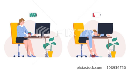 Office manager burned on work. Exhausted and rested worker at computer. Woman at work, corporate professional flat splendid vector character 108936730