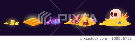 Cartoon gold pirate treasure stacks. Golden coins piles, gemstones and royal jewelry. Adventure game elements, skull, crown and gems nowaday vector set 108936731