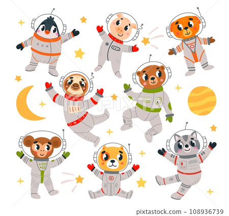 Cartoon space animals astronaut. Funny little astronauts in suits. Universe research characters, animal travel and adventures, classy vector set 108936739