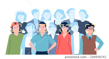 Person recognition in crowd on face. Digital security technologies, public space safety concept. Modern authentication, ai learning recent vector scene Person recognition in crowd on face. Digital security technologies, public space safety concept. Modern authentication, ai learning recent vector scene 108936741