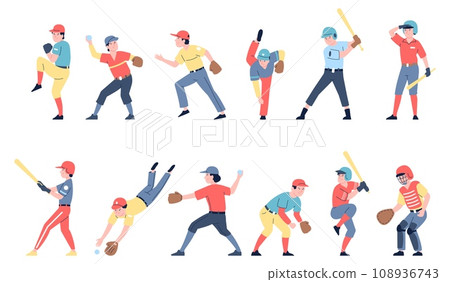 Baseball players flat characters. American sport athletes game. Catcher, pitcher wear gloves and hitting ball with bat. Cartoon recent vector set Baseball players flat characters. American sport athletes game. Catcher, pitcher wear gloves and hitting ball with bat. Cartoon recent vector set 108936743