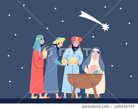 Happy epiphany banner. Three wise men with gifts for baby jesus, flat religion or mythology scene. Holy festival of faith, christian recent vector characters Happy epiphany banner. Three wise men with gifts for baby jesus, flat religion or mythology scene. Holy festival of faith, christian recent vector characters 108936745