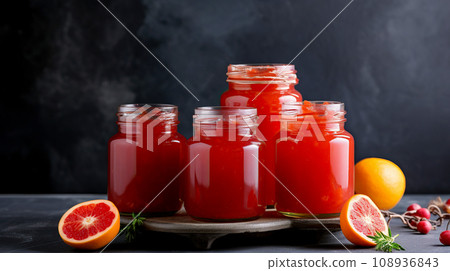 Citrus jam in a glass jar on a dark background. Orange jam in a jar on the table. 108936843