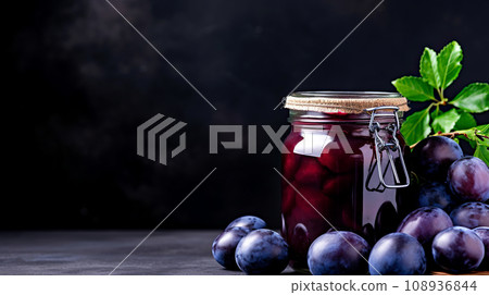 Fresh plum jam with fresh plums on a grey table.  108936844