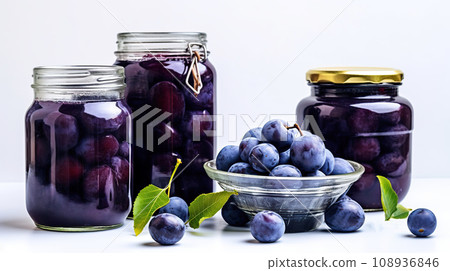 Homemade plum compote in large glass jars.  108936846