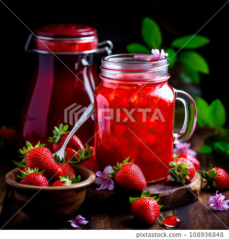 Homemade delicious strawberry compote in glass jar. Homemade delicious strawberry compote in glass jar. 108936848