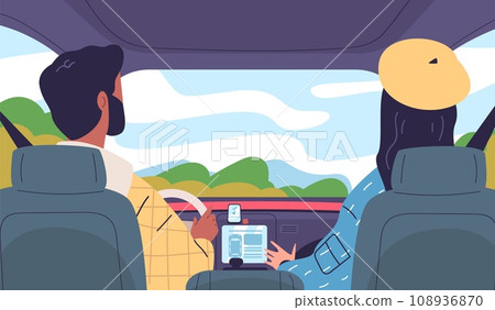 Backseat view. Couple ride in car inside automobile cabin interior, driver and passenger listening music radio or navigator, family driving trip concept classy vector illustration 108936870