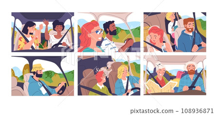 Friends driving car. Funny adventurous go to vacation inside cars interior, family or student road trip, happiness drive travel on vehicle transportation classy vector illustration 108936871