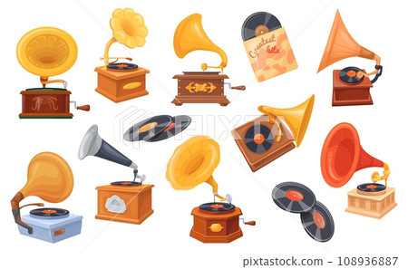 Cartoon gramophone. Old turntable with gold horn, antique phonograph retro disk player home music speakers, vintage amplifier record musical instrument, neat vector illustration 108936887
