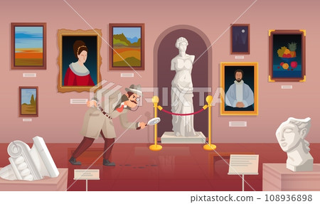 Cartoon detective investigation. Sherlock in museum art gallery, investigator magnifying tracking footprint investigator sleuth find evidence mystery crime, vector illustration 108936898