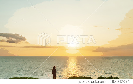 Amazing landscape with person (maybe woman) 2watching on sunset in English channel Amazing landscape with person (maybe woman) 2watching on sunset in English channel 108937055