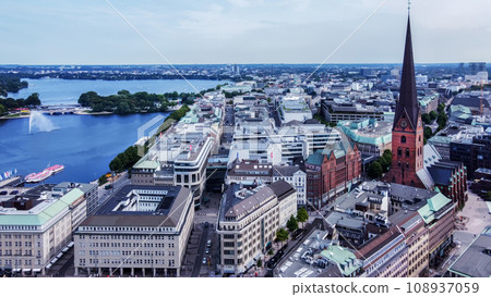 Drone point of view on red-light district in blue hour in Hamburg Drone point of view on red-light district in blue hour in Hamburg 108937059