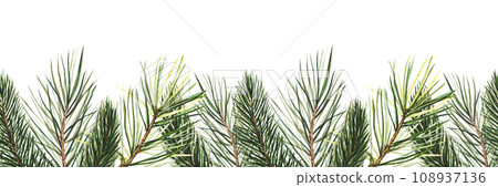 seamless border with spruce and pine branches. Hand drawn watercolor illustration. Horizontal frame with space for text for Christmas design, New Year compositions. Realistic botanical elements 108937136