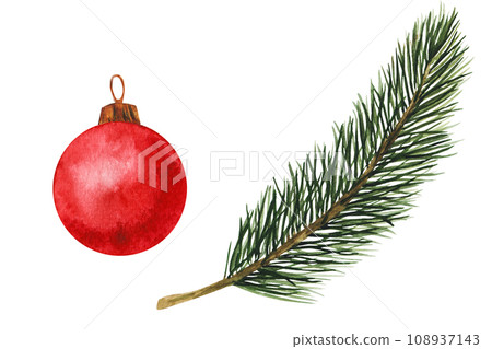spruce branch and red Christmas tree toy. Hand drawn watercolor illustrations. Isolated cliparts for Christmas design, New Year compositions. Realistic botanical elements 108937143