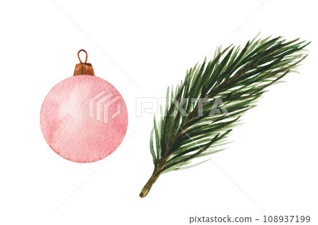 spruce branch and pink Christmas tree toy. Hand drawn watercolor illustrations. Isolated cliparts for Christmas design, New Year compositions. Realistic botanical elements spruce branch and pink Christmas tree toy. Hand drawn watercolor illustrations. Isolated cliparts for Christmas design, New Year compositions. Realistic botanical elements 108937199