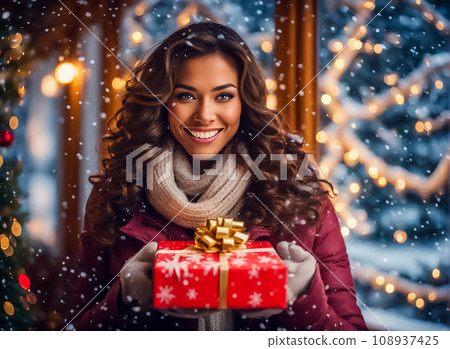 Smiling young woman holding Christmas presents... - Stock Illustration ...