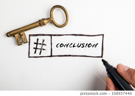 Conclusion Concept. Text and gold key on white background 108937440