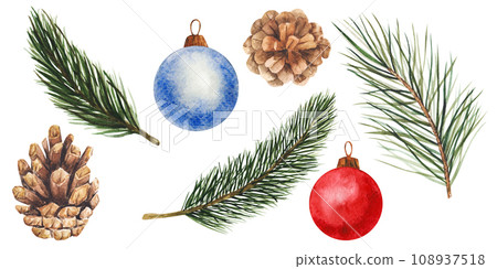 pine and spruce branch, blue and red Christmas tree toy, fir cones. Hand drawn watercolor illustrations. Isolated cliparts for Christmas design, New Year compositions. Realistic botanical elements 108937518