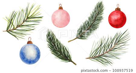 pine and spruce branch, blue and red Christmas tree toy. Hand drawn watercolor illustrations. Isolated cliparts for Christmas design, New Year compositions. Realistic botanical elements 108937519