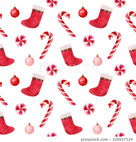 Christmas candy canes and lollipop, red sock for gifts and Christmas balls. Seamless pattern with watercolor hand drawn illustration for winter New Year holidays design, cards, scrapbooking Christmas candy canes and lollipop, red sock for gifts and Christmas balls. Seamless pattern with watercolor hand drawn illustration for winter New Year holidays design, cards, scrapbooking 108937524