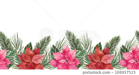 Poinsettia flower with green leaves, spruce and pine branches. Watercolor seamless horizontal border. for Christmas design, prints, stickers, packaging, textiles. Festive flower for compositions Poinsettia flower with green leaves, spruce and pine branches. Watercolor seamless horizontal border. for Christmas design, prints, stickers, packaging, textiles. Festive flower for compositions 108937525