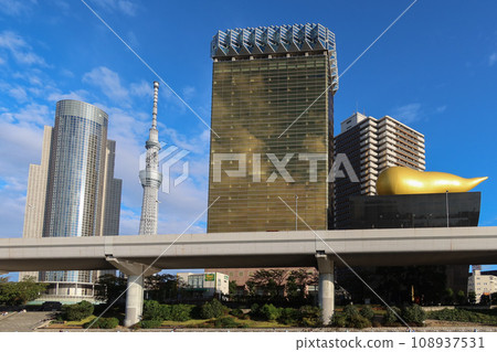 Tokyo Skytree and Asahi Beer Buildings from Tokyo Mizube Cruising Line in Tokyo, Japan. October 29, 2023 Tokyo Skytree and Asahi Beer Buildings from Tokyo Mizube Cruising Line in Tokyo, Japan. October 29, 2023 108937531