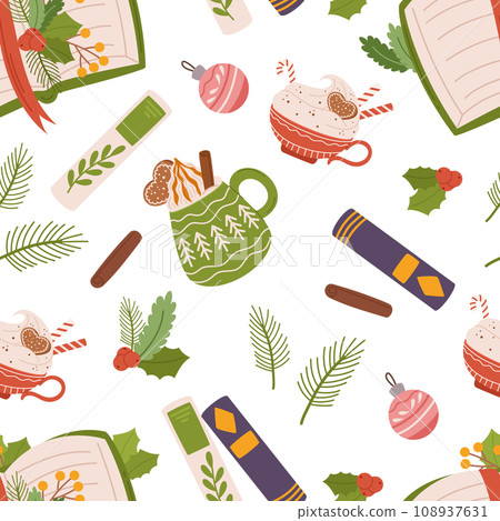 Seamless Christmas Pattern Features Festive Books And Cups, Creating A Cozy Holiday Atmosphere With Warm Drinks Seamless Christmas Pattern Features Festive Books And Cups, Creating A Cozy Holiday Atmosphere With Warm Drinks 108937631