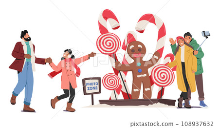 Characters Gather At Christmas Fair Photo Zone, Surrounded By Oversized Gingerbread Men, Lollipops And Candy Cane Characters Gather At Christmas Fair Photo Zone, Surrounded By Oversized Gingerbread Men, Lollipops And Candy Cane 108937632