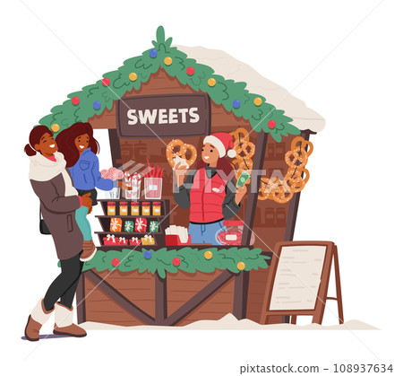 Mother And Daughter Characters Gather At The Christmas Fair Stall With Saleswoman Selling Colorful Sweets Mother And Daughter Characters Gather At The Christmas Fair Stall With Saleswoman Selling Colorful Sweets 108937634
