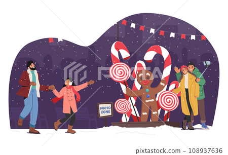 Loving Couple, Father With Daughter Characters At Christmas Fair Photo Zone With Gingerbread Man, Lollipops 108937636