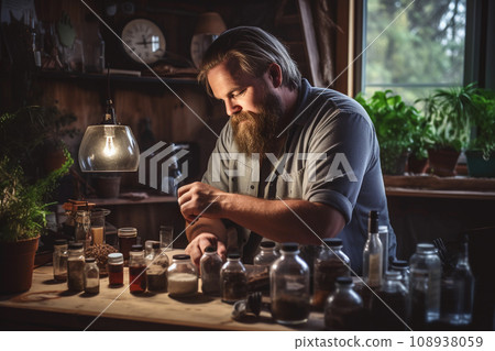 Herb making naturl beard care cosmetic. Generative AI. Herb making naturl beard care cosmetic. Generative AI. 108938059