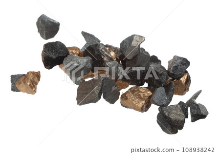 Gold ore nugget mix stone material explode from Mining. Golden nugget ore explosion with stone gravel in gold Mining industry. White background Isolated throwing freeze stop motion Gold ore nugget mix stone material explode from Mining. Golden nugget ore explosion with stone gravel in gold Mining industry. White background Isolated throwing freeze stop motion 108938242